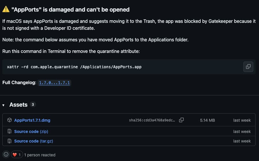 AppPorts GitHub Releases 頁面中的 DMG 下載檔