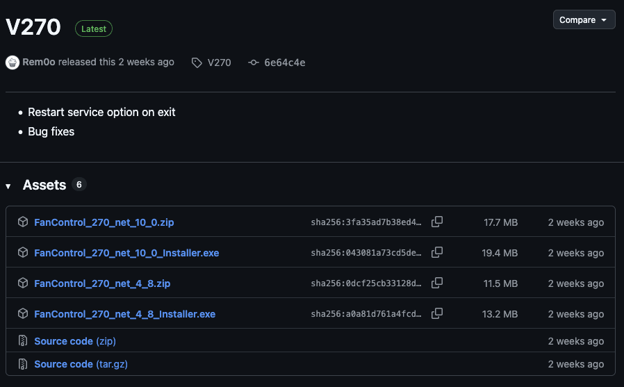 Fan Control GitHub Releases 頁面中的 installer.exe 下載項目