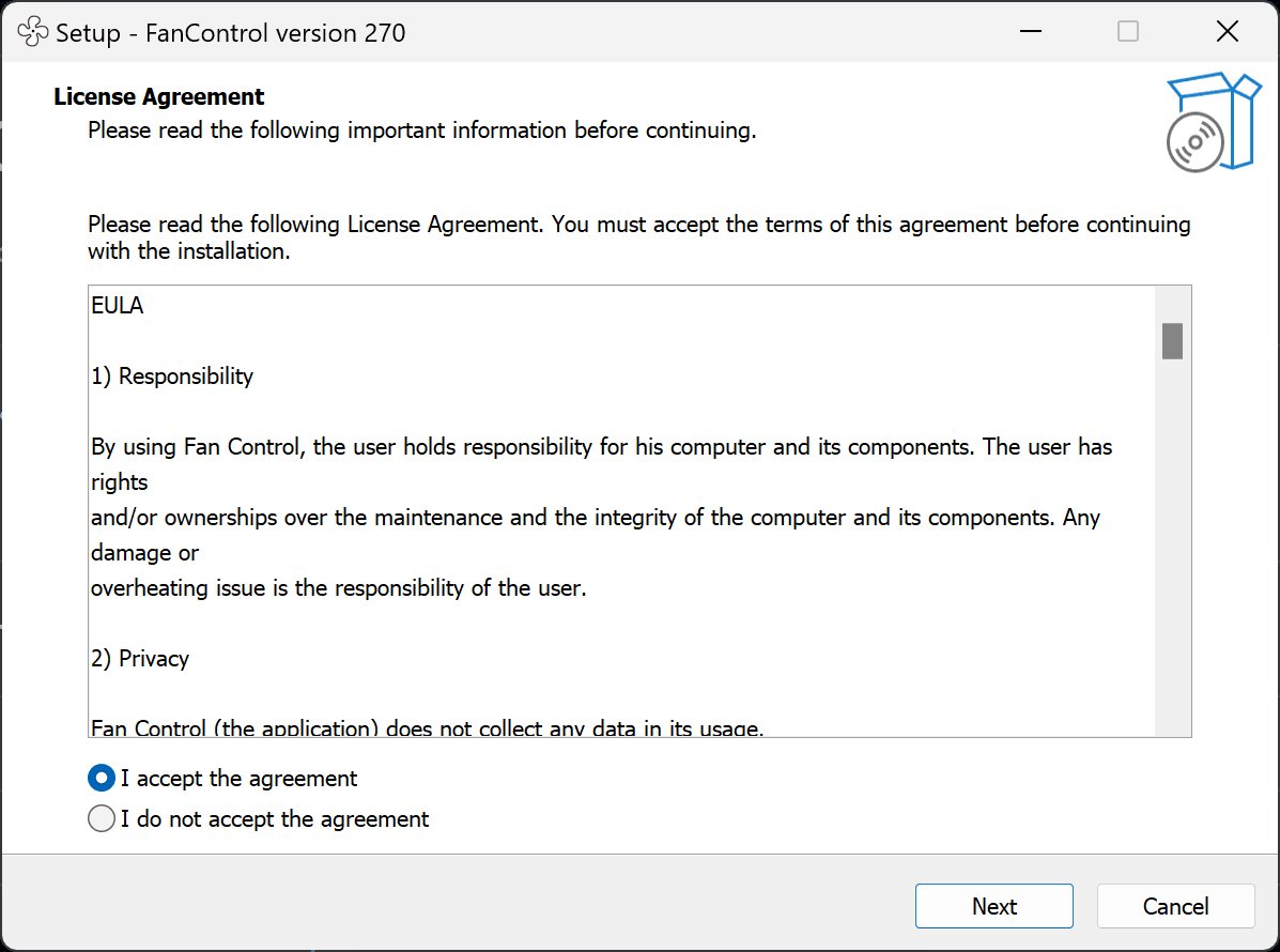 Fan Control installer 安裝畫面，顯示 accept 與下一步流程