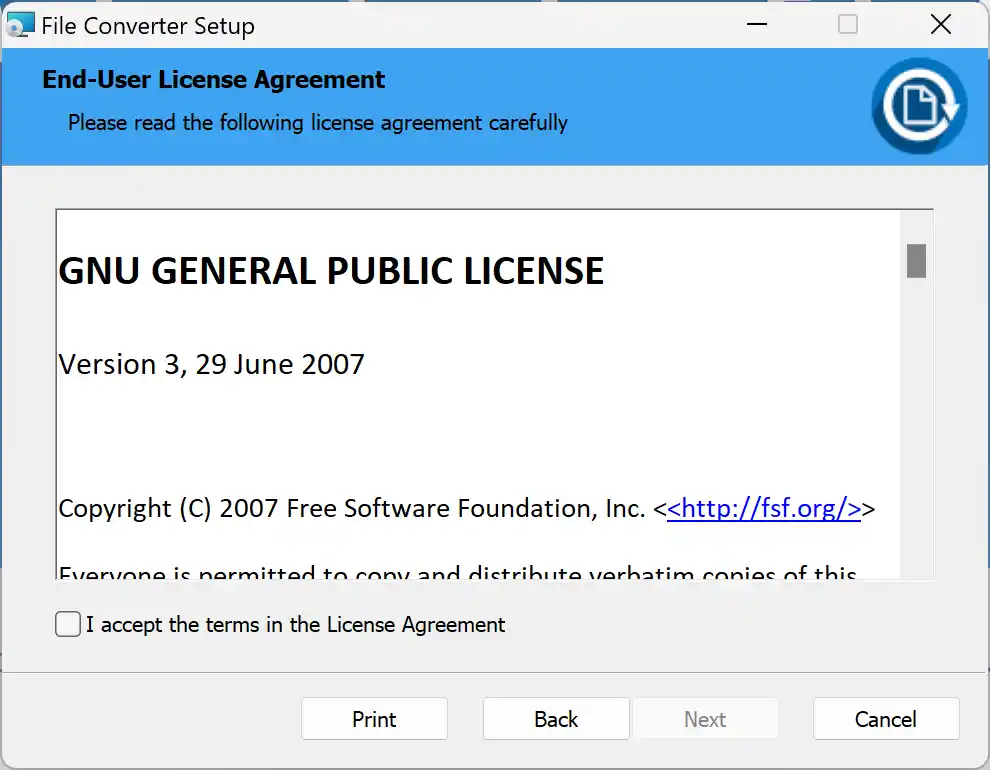 File Converter 安裝程式的 GPL v3 授權同意頁面