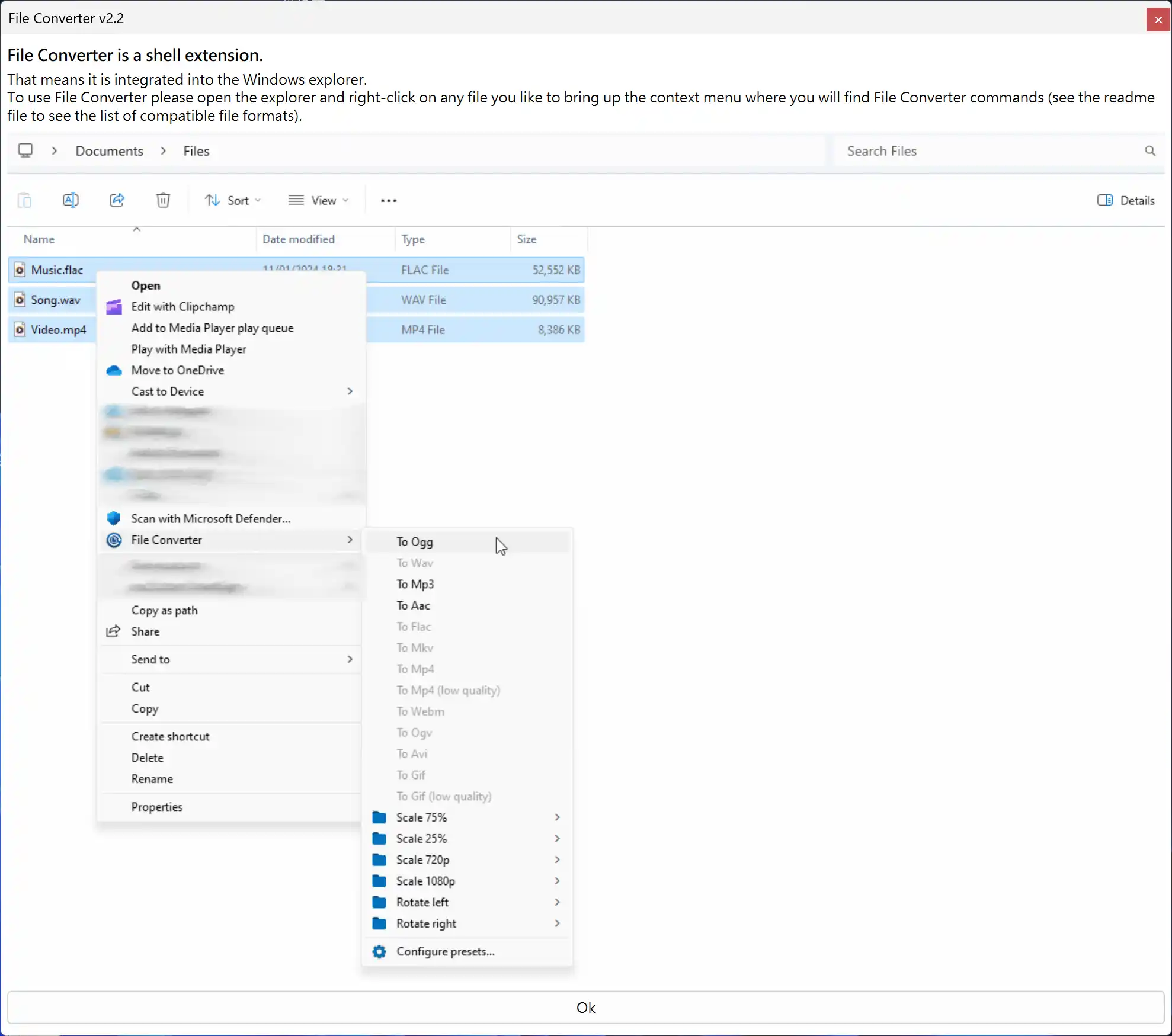 File Converter 說明畫面，展示 Windows 右鍵選單中的轉檔項目