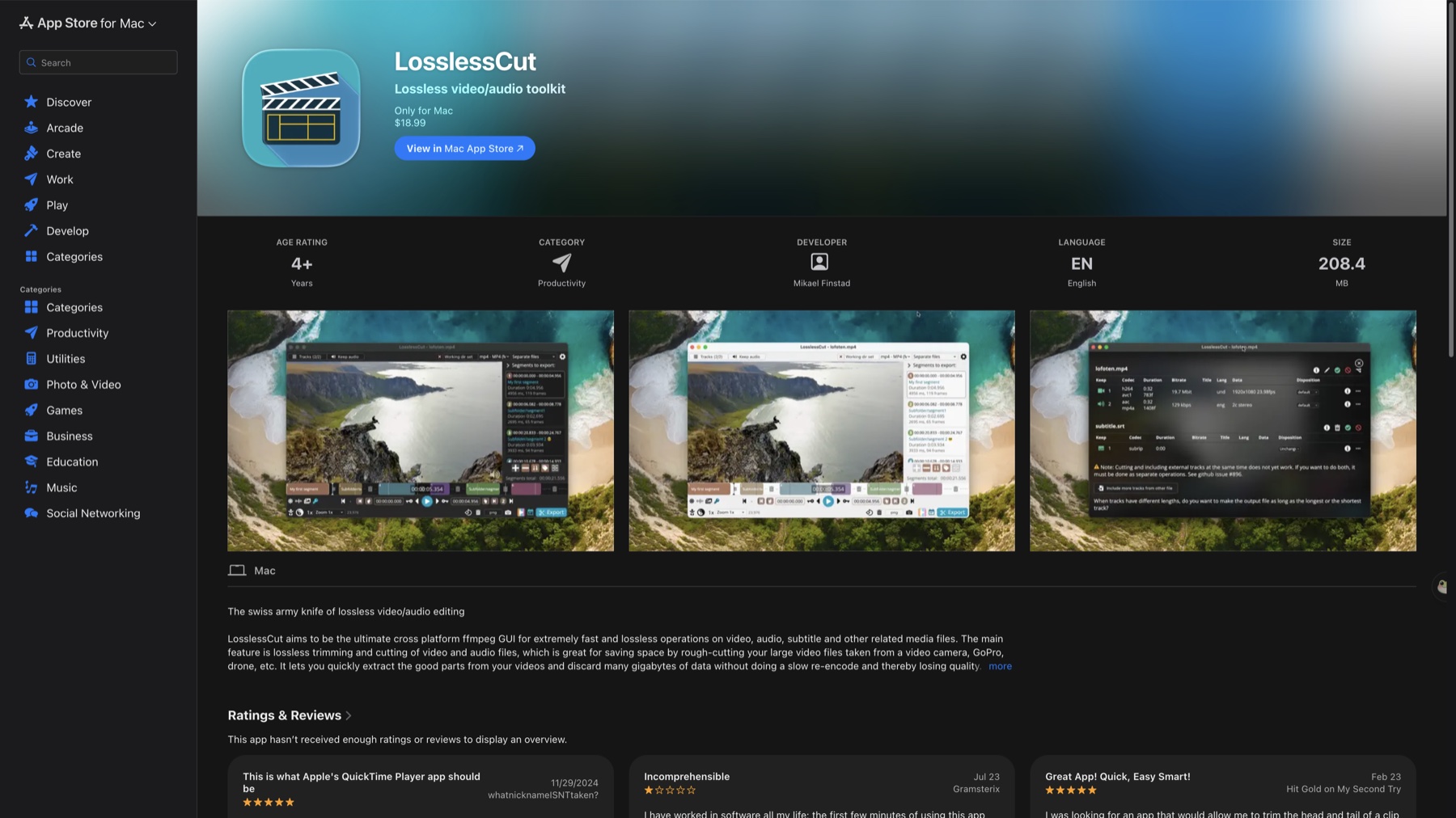 LosslessCut 在美國 Mac App Store 顯示售價 18.99 美元