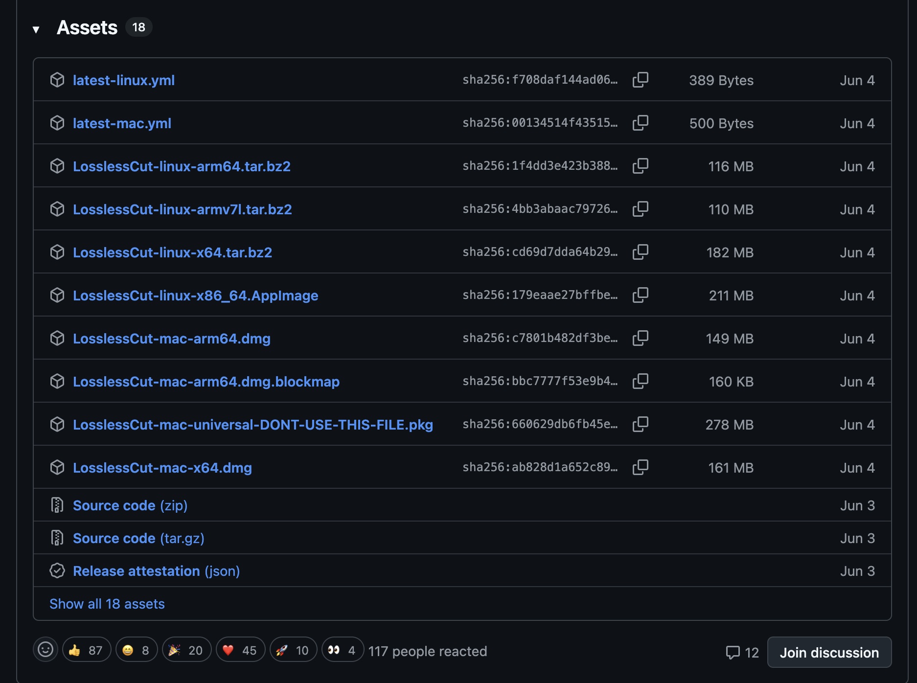 LosslessCut GitHub Releases 的 Assets 下載區，列出 macOS、Windows 與 Linux 安裝檔