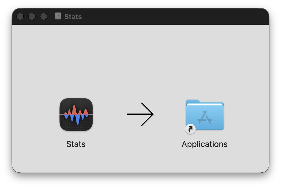 Stats DMG 安裝畫面，將 Stats 拖入 Applications 資料夾