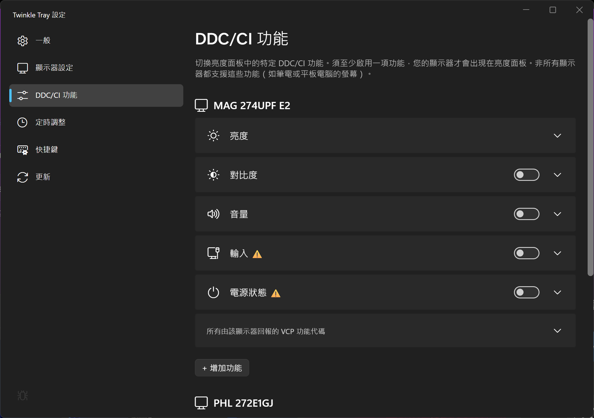 Twinkle Tray DDC/CI 功能頁面，顯示外接螢幕支援的亮度、對比度、音量、輸入與電源狀態