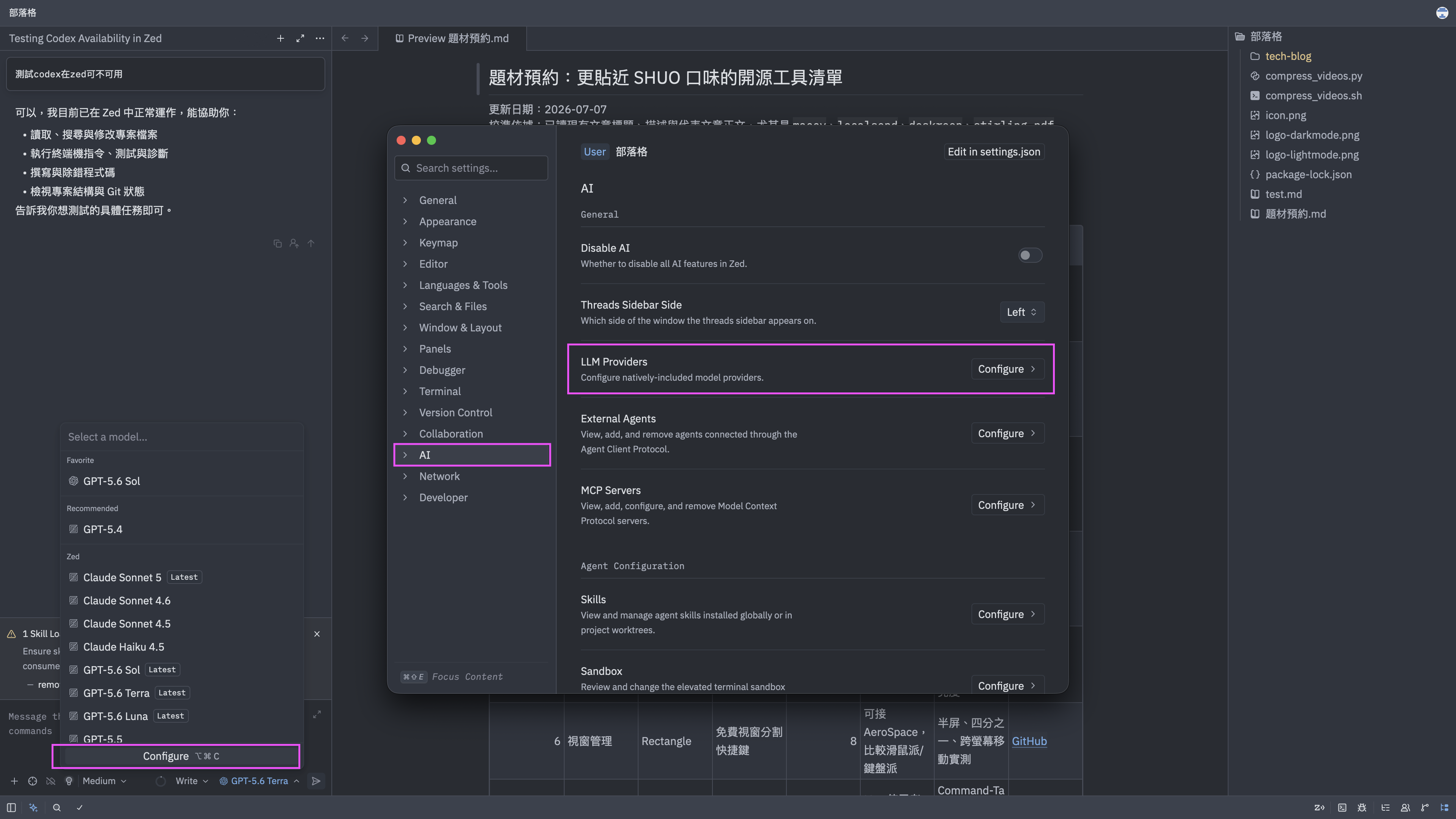 Zed AI 設定頁面的 LLM Providers、External Agents、MCP Servers、Skills 與 Sandbox 選項